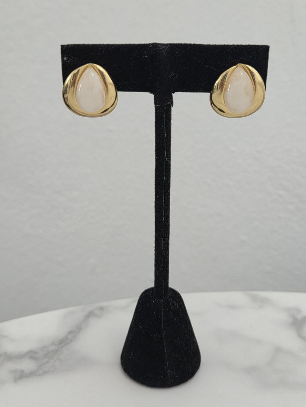 Stainless Steel Gold Tear Drop Earrings White Marble Resin Chic Minimalist - Picture 10 of 14
